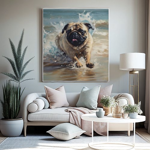 Happy Pug  at the Beach Poster