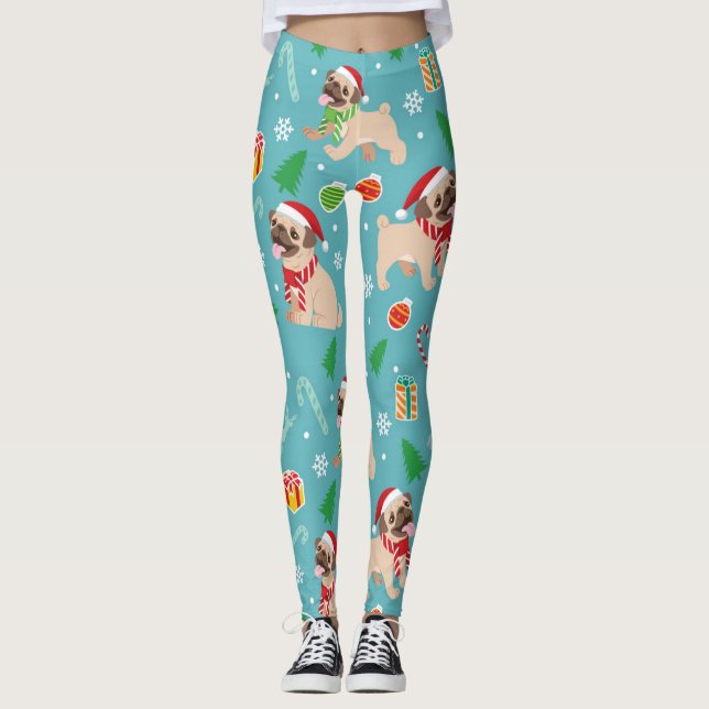 Happy Pug Christmas Pattern Leggings (Front)