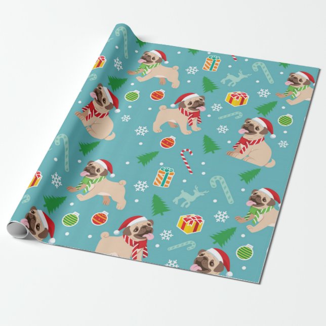 Happy Pug Christmas Pattern Wrapping Paper (Unrolled)