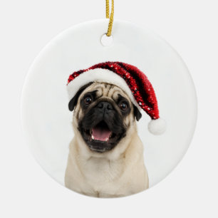 Happy Pug Wearing Sparkly Red Santa Hat Christmas Ceramic Ornament