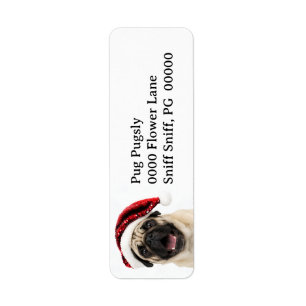 Happy Pug Wearing Sparkly Red Santa Hat Christmas Label