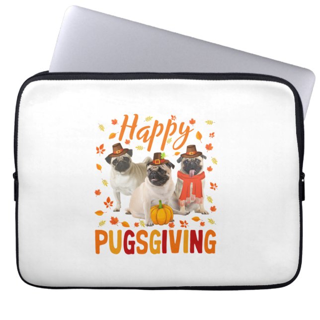 Happy Pugsgiving Cute Thanksgiving Pug Dog Wears P Laptop Sleeve (Front)