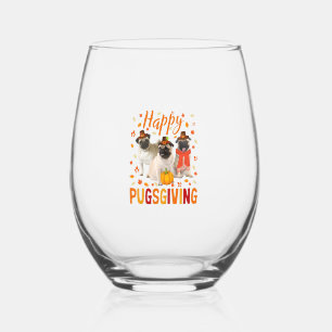 Happy Pugsgiving Cute Thanksgiving Pug Dog Wears P Stemless Wine Glass