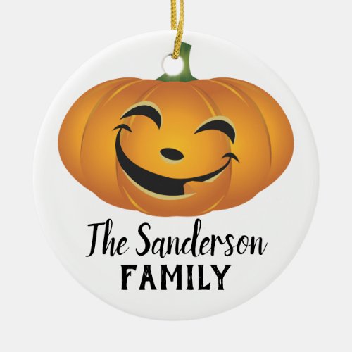 Happy Pumpkin Custom Family Name Halloween Tree Ceramic Ornament