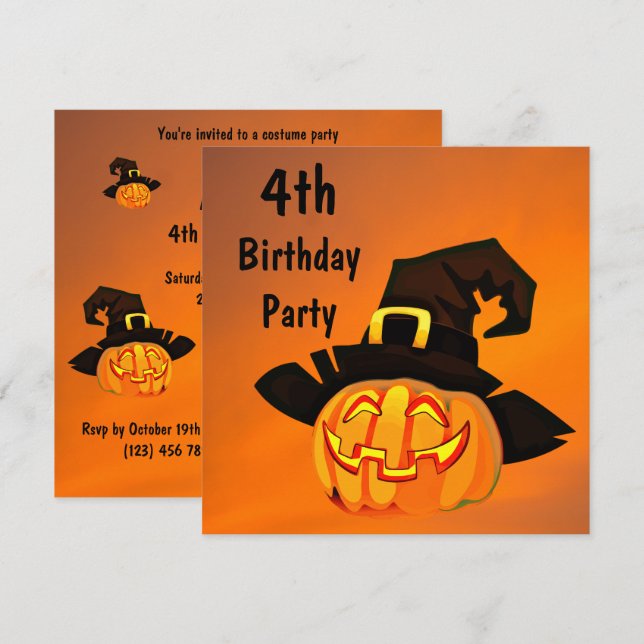 Happy Pumpkin In Witches Hat 4th Birthday Invitation (Front/Back)