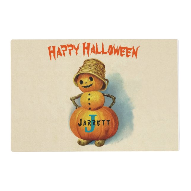Happy Pumpkin Man Halloween Monogram Custom Name Placemat (Front)