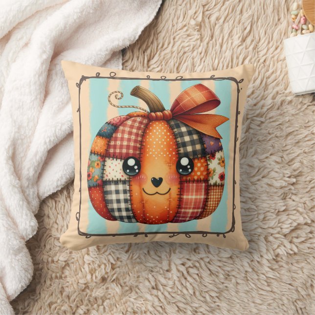 Happy Pumpkin Patchwork Quilt Autumn – Cozy Season Throw Pillow (Blanket)