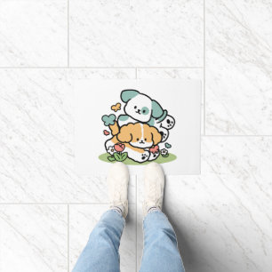 Happy Puppies Rolling Into May – Kawaii Dog Art Doormat