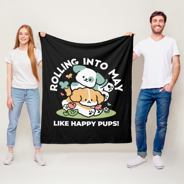 Happy Puppies Rolling Into May – Kawaii Dog Art Fleece Blanket (In Situ)