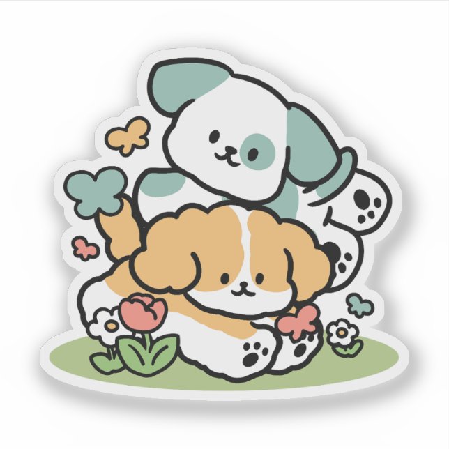 Happy Puppies Rolling Into May – Kawaii Dog Art Sticker (Front)