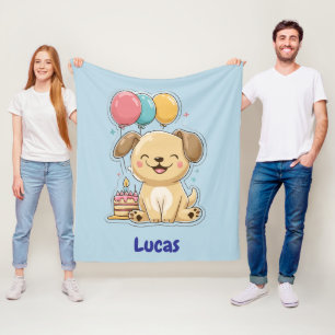 Happy Puppy, Boy, 1st Birthday Gift, Personalized Fleece Blanket