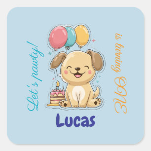 Happy Puppy, Boy, Let's Pawty, 1st Birthday Square Sticker