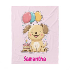 Happy Puppy, Girl, 1st Birthday Gift, Personalized Fleece Blanket