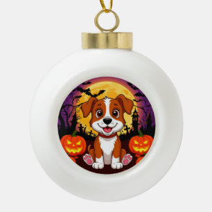 Happy Puppy in a Halloween Setting with Pumpkins Ceramic Ball Christmas Ornament