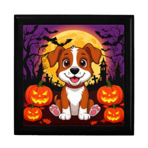 Happy Puppy in a Halloween Setting with Pumpkins Gift Box