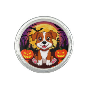 Happy Puppy in a Halloween Setting with Pumpkins Ring