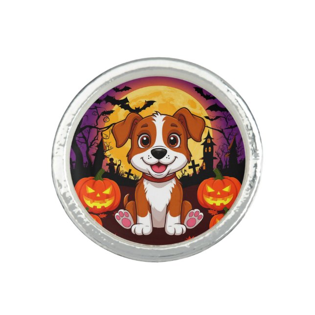 Happy Puppy in a Halloween Setting with Pumpkins Ring (Front)