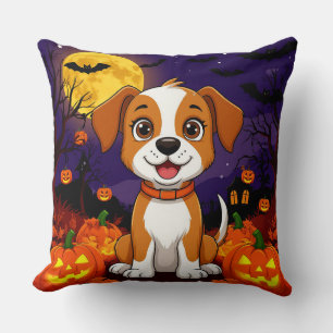 🐾🎃 Happy Puppy Pumpkin Halloween Cozy Joy Vibes  Throw Pillow
