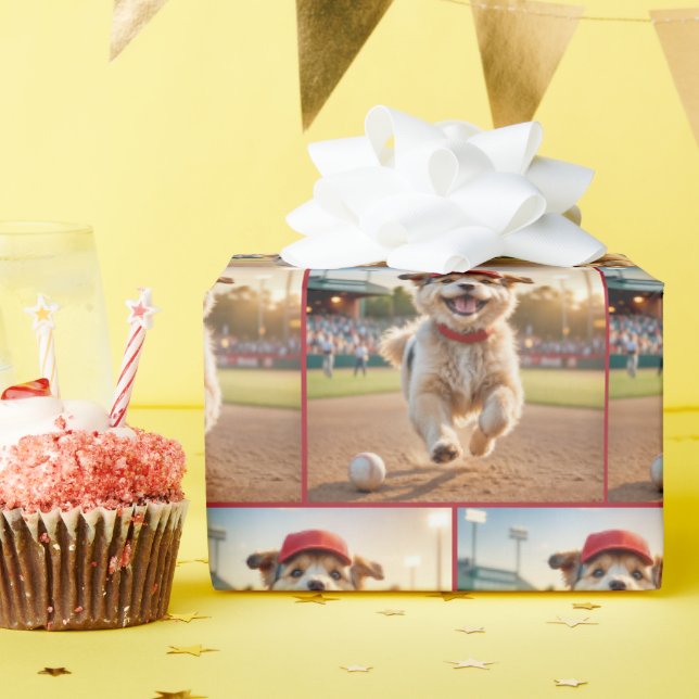 Happy Puppy Running On a Baseball Field Wrapping Paper (Birthday Party)