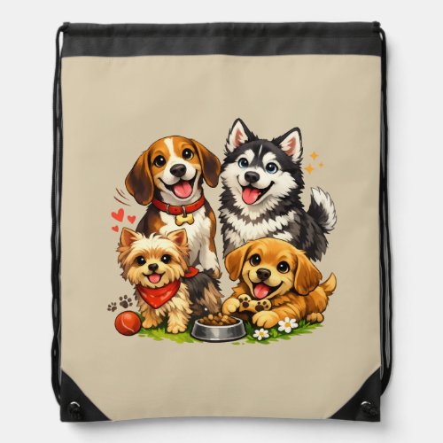 Happy Puppy Squad Cartoon Design Drawstring Bag