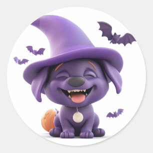 Happy Puppy Witch Hat Halloween Dog Cute Style Classic Round Sticker