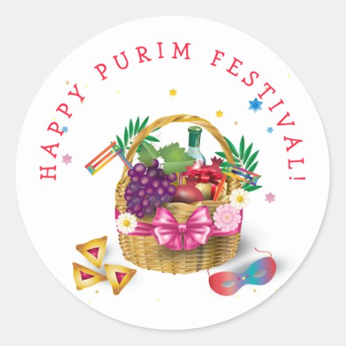 Happy Purim Basket Gifts Decoration Ornaments Classic Round Sticker