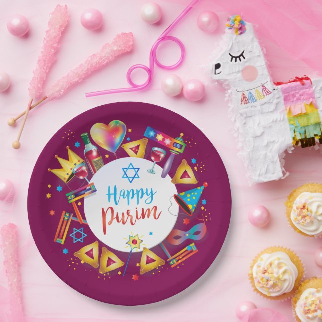 Happy Purim Basket Gifts, Decoration, Ornaments Paper Plates (Party)