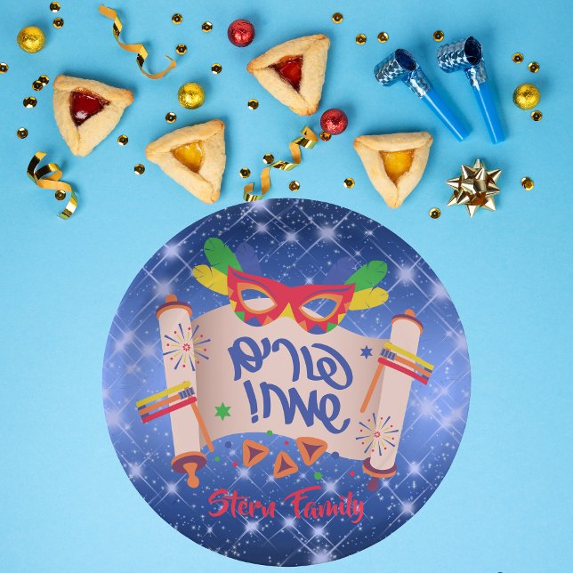 Happy Purim Blue Megillah Grogger Hamantaschen  Paper Plates (Creator Uploaded)