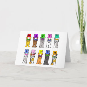 Happy Purim Cartoon Cats in Masks and Hats Card