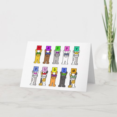 Happy Purim Cartoon Cats in Masks and Hats Card