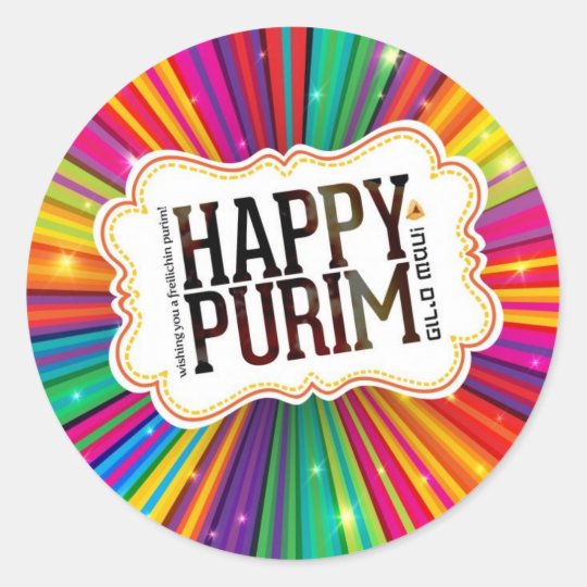 happy purim classic round sticker | Zazzle.com