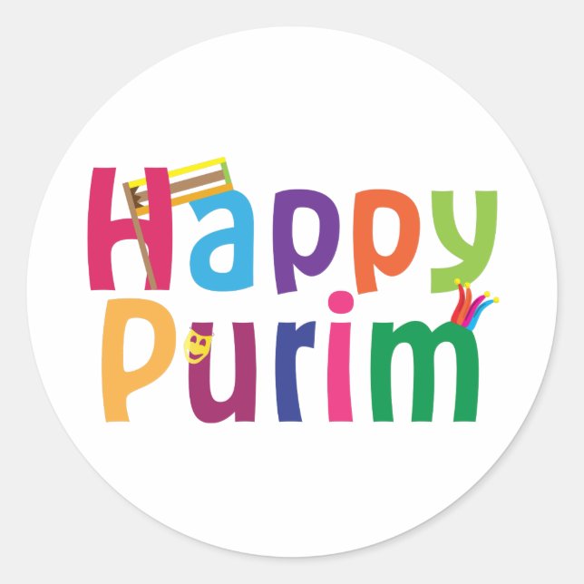 Happy Purim colorful design Classic Round Sticker (Front)
