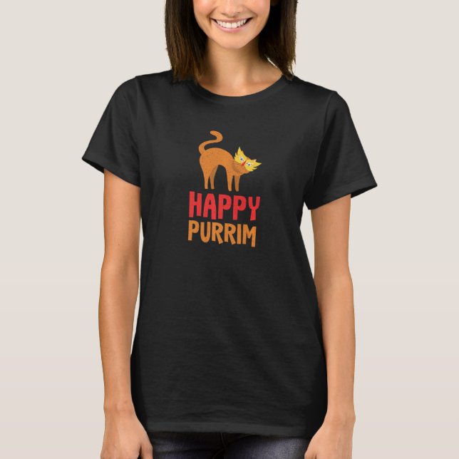 Happy Purim Costume Idea Funny Cat Hebrew Jewish H T-Shirt (Front)