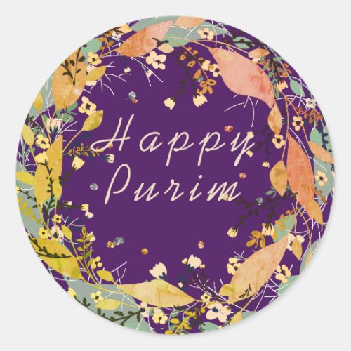 Happy Purim Customize Leafy wreath Classic Round Sticker