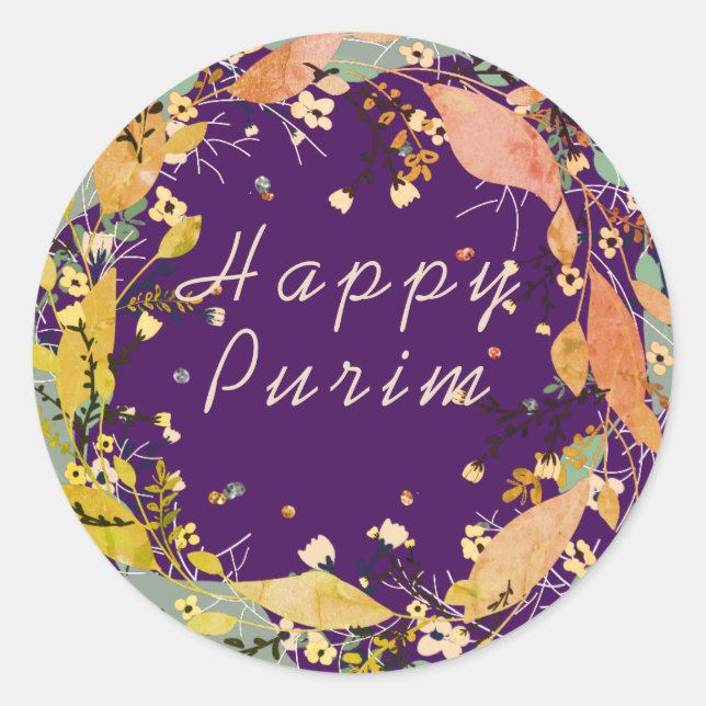 Happy Purim Customize Leafy wreath Classic Round Sticker (Front)