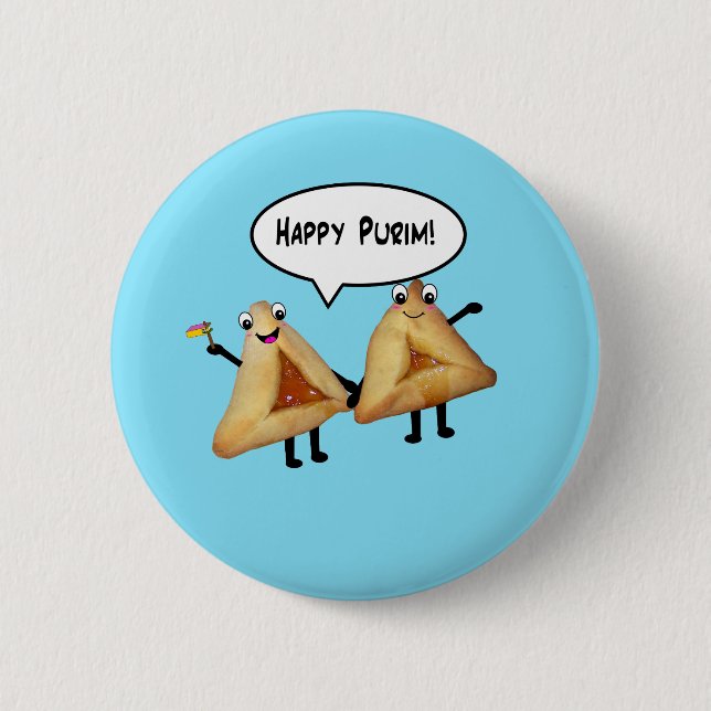 Happy Purim Cute Smiling Hamentaschen Cartoon Button (Front)