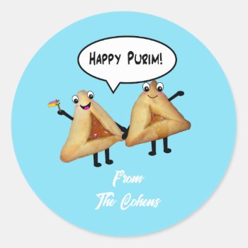 Happy Purim Cute Smiling Hamentaschen Cartoon Classic Round Sticker by inspirationzstore at Zazzle