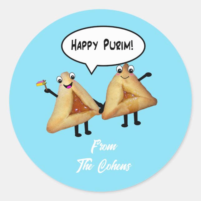 Happy Purim Cute Smiling Hamentaschen Cartoon Classic Round Sticker (Front)