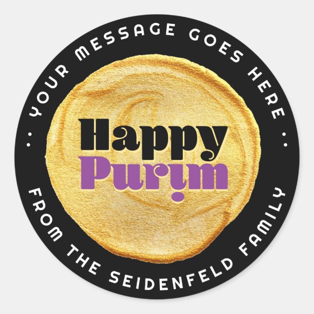  Happy Purim Elegant Gold Seal Label on Black (Front)