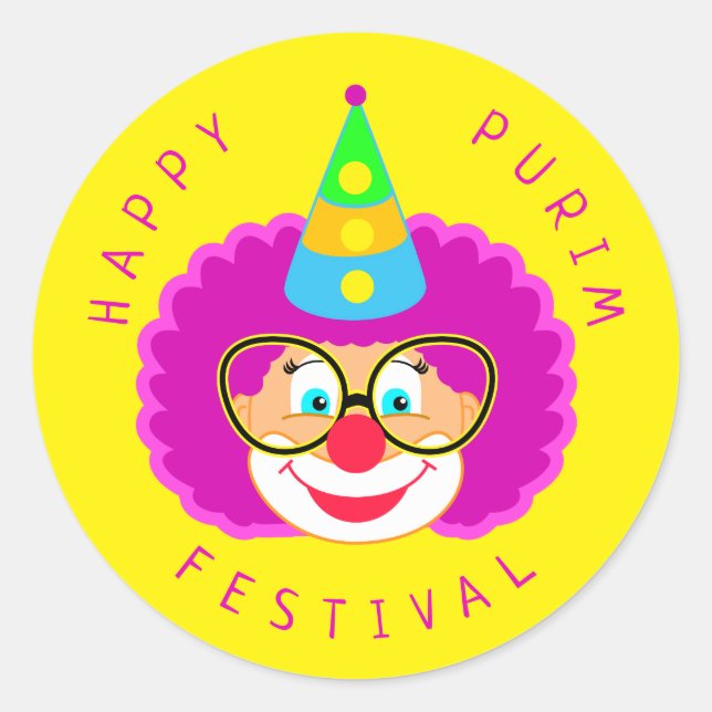 Happy Purim Festival Funny Clown Kids Party Classic Round Sticker (Front)