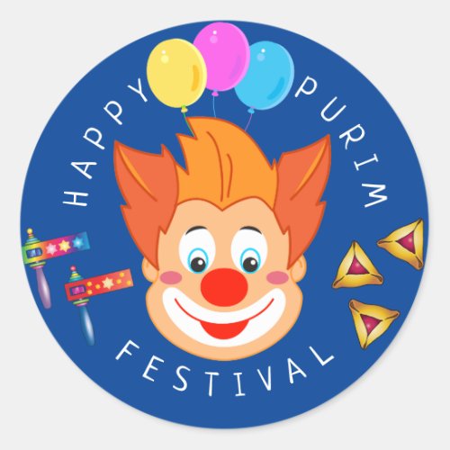 Happy Purim Festival Funny Clown Kids Party Classic Round Sticker