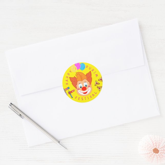 Happy Purim Festival Funny Clown Kids Party Classic Round Sticker (Envelope)