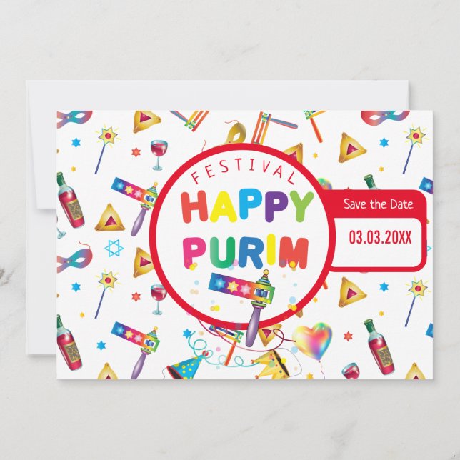 Happy Purim Festival Funny Toys Pattern Kids Party Save The Date (Back)