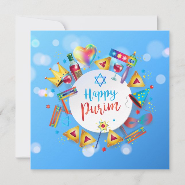 Happy Purim Festival Hamantaschen & Gragger Hebrew Holiday Card (Front)