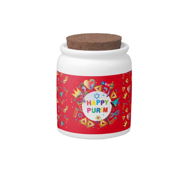Happy Purim Festival Hamantaschen & Gragger toy Candy Jar (Front)