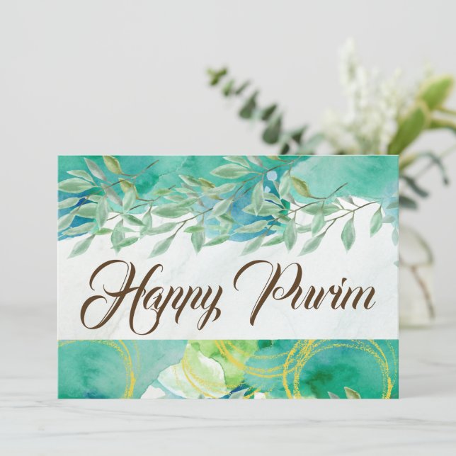 Happy Purim Flat Greeting Card Watercolor Green (Standing Front)