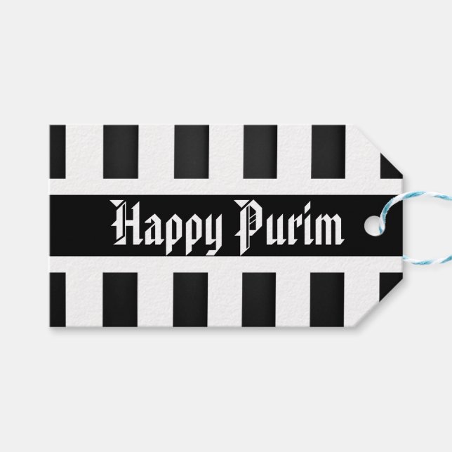Happy Purim Gift Tag Stripe Black White (Front (Horizontal))