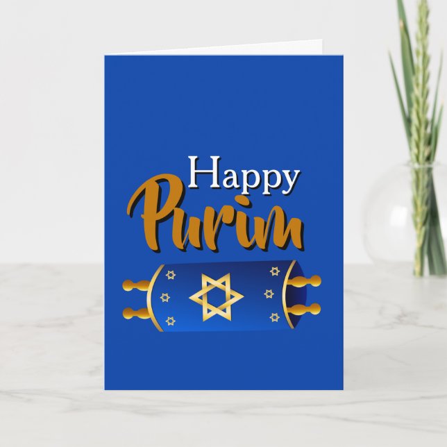 Happy Purim Greeting Card - Blue Gold Torah Scroll (Front)