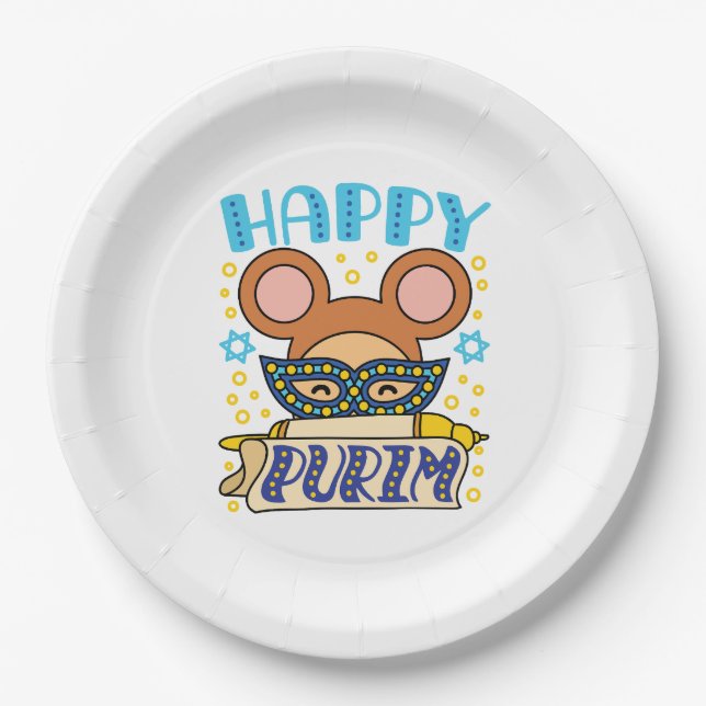 Happy Purim Jewish Holiday Mask Paper Plates (Front)