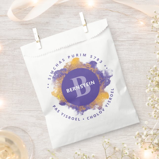  Happy Purim - Kosher Info Purple Monogram   Favor Bag (Clipped)